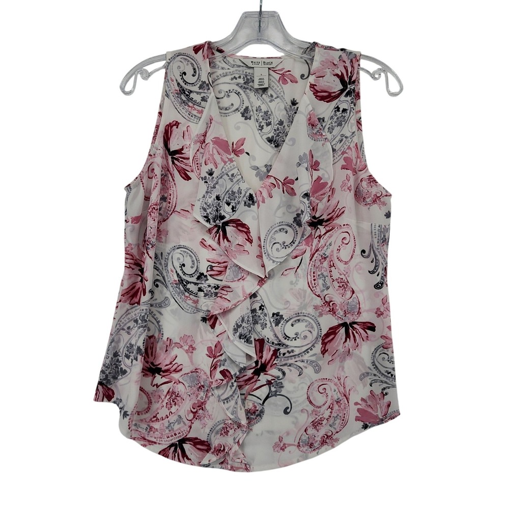 White House Black Market S Pink Floral Paisley Ruffle V-Neck Blouse BohoRomantic